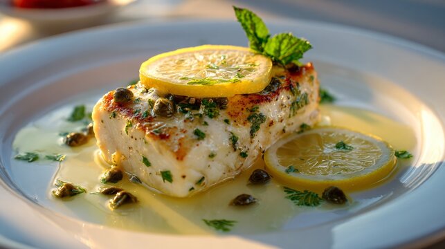 Baked halibut with lemon caper sauce plated elegantly under soft daylight