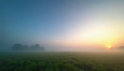 Obraz premium Misty meadow at sunrise with clear blue sky fading into warm sunlight. Green grass stretches to distant trees shrouded in fog. Peaceful dawn landscape offers serene quiet atmosphere.