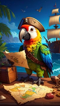 A colorful parrot in a pirate hat stands on a treasure map