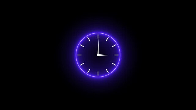 Glowing neon clock face with hands pointing to approximately ten after two