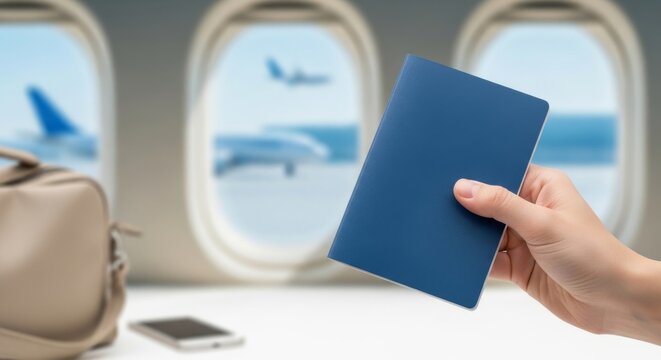 Hand holding a blue passport inside an airplane cabin with view of airplanes outside