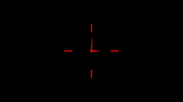 Minimalist image of a red crosshair with a clock hand pointing to nine o clock