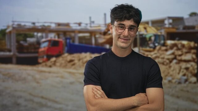 Man smiling with arms crossed showing bare forearms at a building construction site; confidence teamwork.