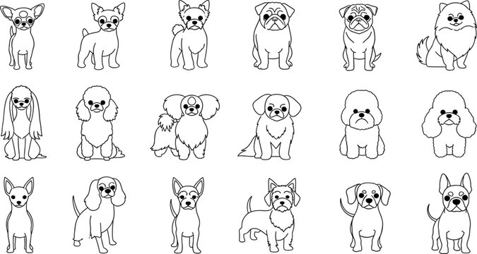 Small Dog Breed Icon Set Featuring Chihuahua, Poodle, Pug, Pomeranian, and Other Popular Breeds for Pet, Animal, and Cute Illustration Designs