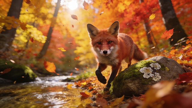 Red fox in autumn forest crossing stream with vibrant foliage