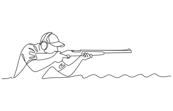 Single line drawing of a person aiming a shotgun with clay pigeon trap shooting line art continuous shooting outdoors activity recreation competition training practice ammunition