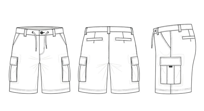 Technical flat sketch of cargo shorts showing front, back, and side views with pocket details and drawstring waist.