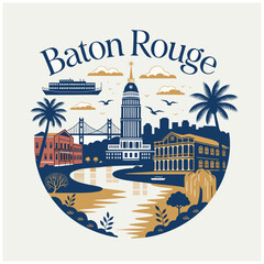 Obraz premium Baton Rouge Louisiana City Skyline Illustration with State Capitol Building and Mississippi River - Vintage Style Retro Vector Travel Souvenir