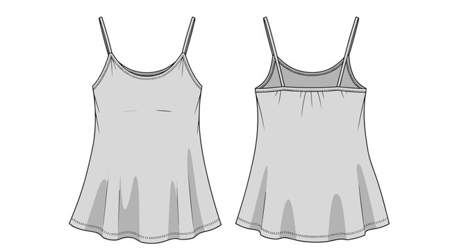 Technical flat sketch of a women's camisole top with thin straps and a flared hemline, showing front and back views.