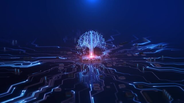 Microchip Growth Network Digital Ecosystem Visualization Electronic platform rising circuit digital ecosystem, technological expansion, system intelligence structured environments modern computing