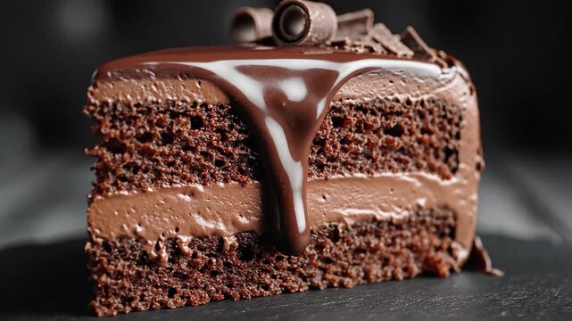 Rich chocolate cake slice with glossy icing and chocolate curls atop, placed on a dark slate surface