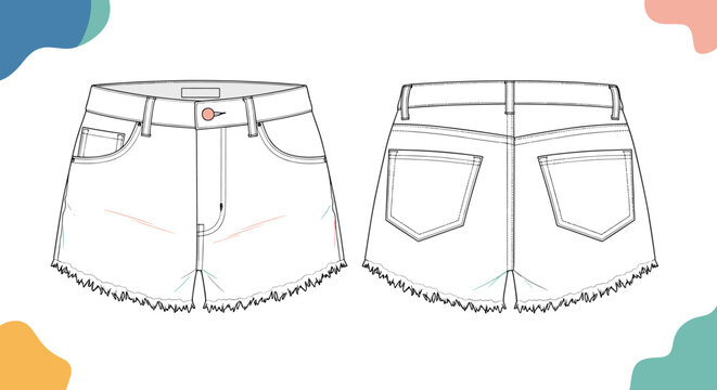 Flat fashion sketch showing front and back views of womens denim shorts featuring classic pockets and frayed hem design details.