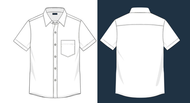 Flat fashion technical sketch of a mens short sleeve button up shirt showing the front and back pocket details for manufacturing.