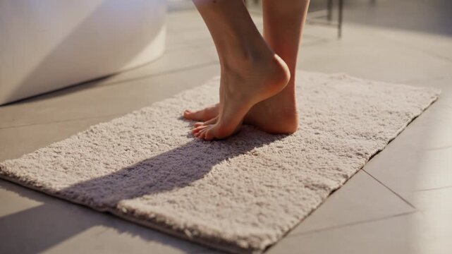 Barefoot woman walking floor crossing sunlight closeup. Girl taking off bathrobe