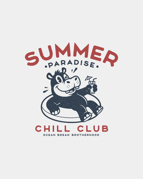 Happy hippo enjoying a drink on an inflatable ring, summer parad