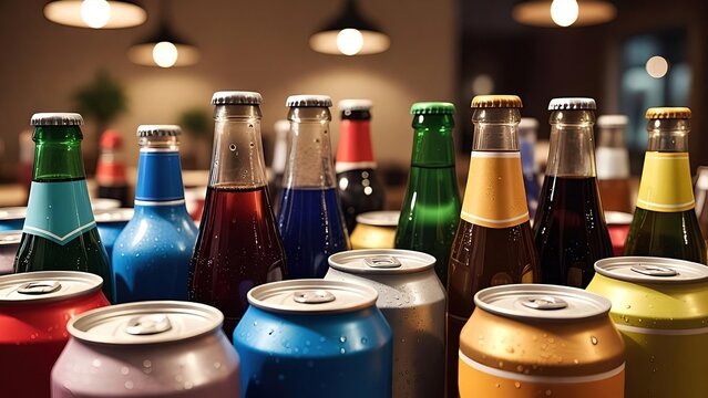 Diverse colorful bottled and canned beverages with blurred