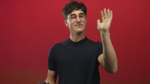Man, young hispanic, wearing glasses and navy tshirt, holding smartphone and waving hand in studio set with bright red wall; friendly greeting.