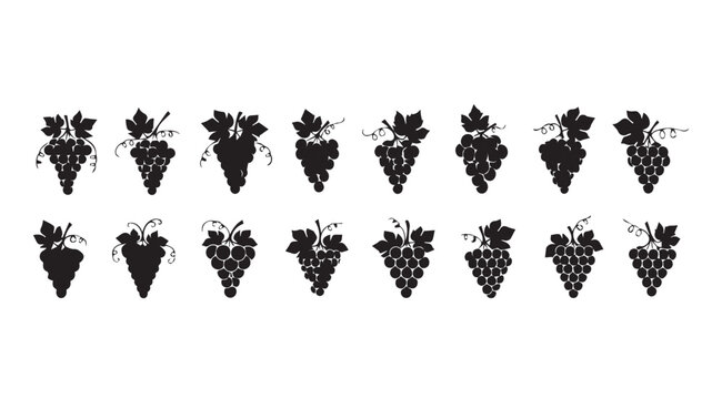Collection of elegant grape cluster silhouettes with leaves for design