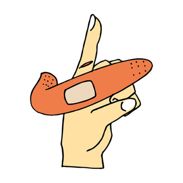 怪我をして血が出てる人差し指を治療するため絆創膏を貼る優しい手描きの可愛い絵文字イラスト素材