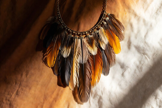 A person is wearing a necklace adorned with feathers and metal charms. It&rsquo;s being photographed against a textured, warm-toned background.