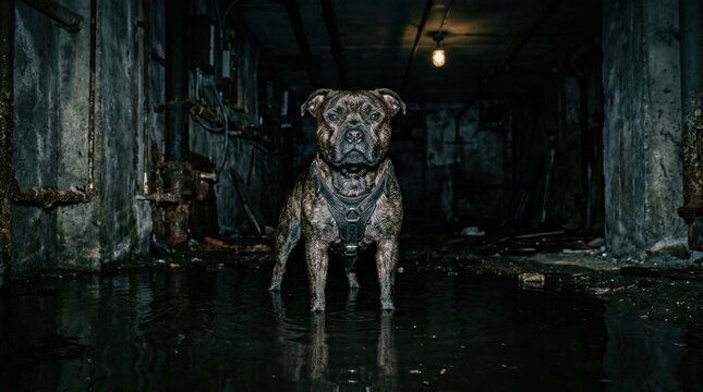 Powerful brindle Staffordshire Bull Terrier dog with harness standing in dark, abandoned basement water, reflecting. Determined gaze, low light at night.