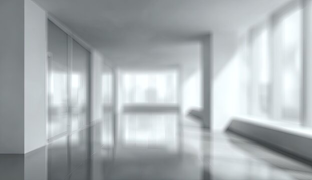 Blurred grayscale modern office hallway with reflections and distant bright window