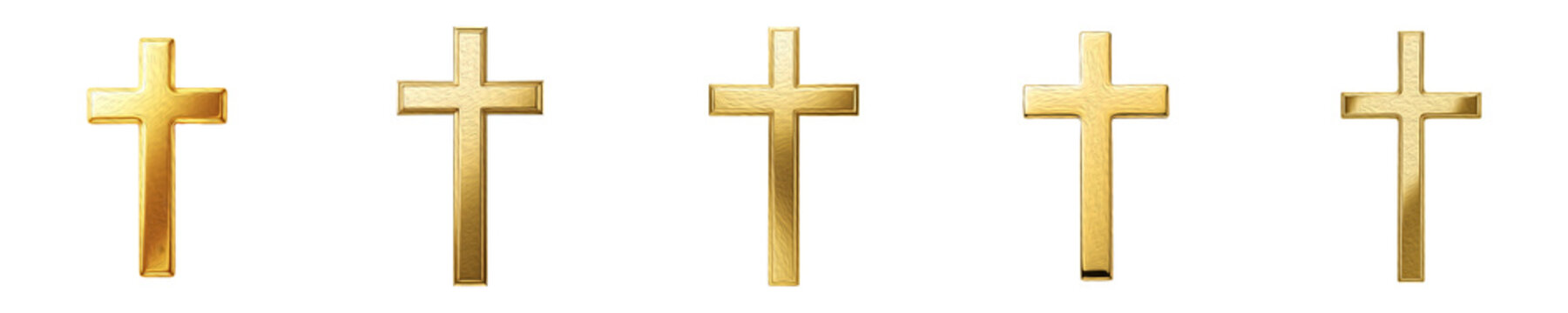 Golden Christian cross set isolated on white background, realistic 3D shining metal crucifix icons for religious, spiritual, church, and faith-based creative design projects, set.