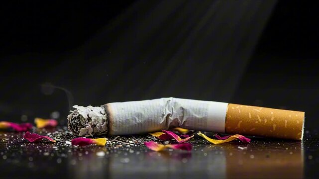 snuffed out cigarette crushed into dark surface turning into colorful flower petals perfect for world no tobacco day