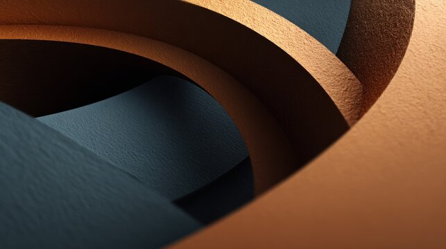 Intersecting curved planes reveal textured surfaces in contrasting metallic and deep blue tones