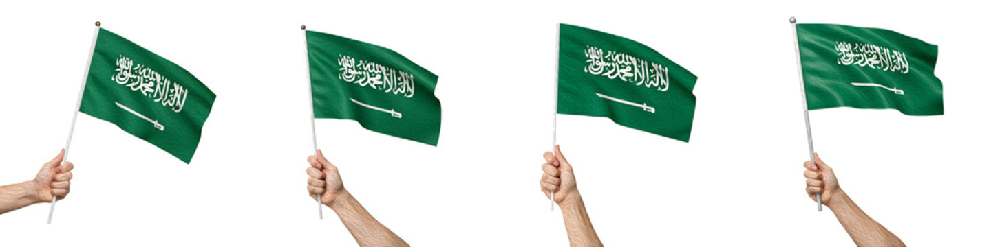 Hand holding waving Saudi Arabia flag isolated on white background, national Saudi green flag with Shahada and sword for patriotism, National Day, travel, and cultural events, set.