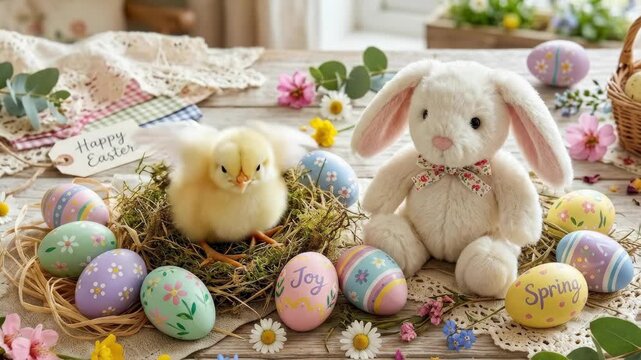 A cheerful Easter collage with a fluffy chicken, soft white bunny, and hand-painted decorated eggs, scattered spring florals, pastel palette, bright handmade charm, joyful seasonal atmosphere,