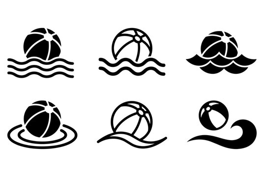 Set of black beach ball icons floating on abstract water waves