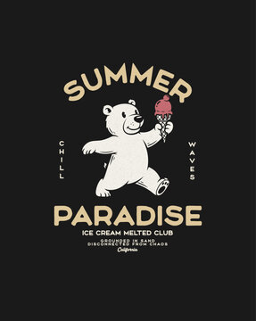 Happy polar bear enjoying ice cream cone in summer paradise grap