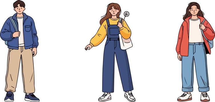 Set of Stylish Young People in Casual Streetwear Outfits