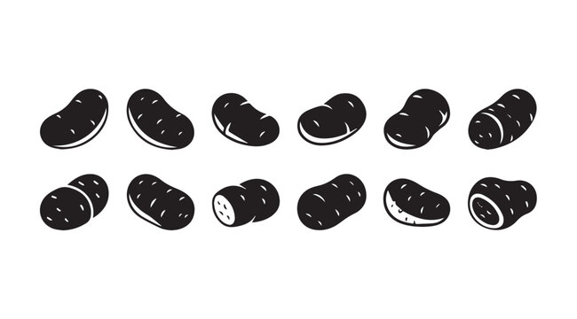 Collection of whole and cut potatoes in a minimalist black and white graphic style