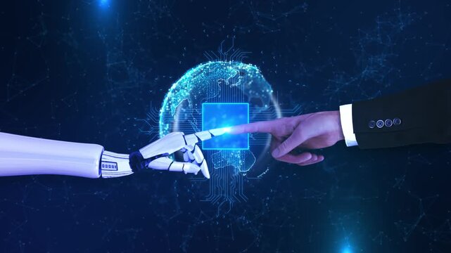 Human Robot Hand Touch Artificial Intelligence Digital Future glowing digital core global network background. human machine interaction, innovation, automation, future technology transformation.