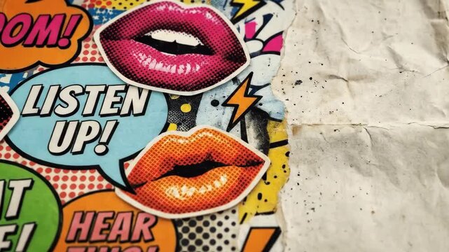 A halftone collage banner of lips with speech bubbles and generous copy space, crumpled paper texture, pop-art social media feel and playful urban retro mood, ultra-realistic, no logos.