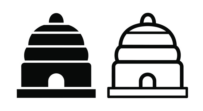 Two stylized beehives depicted in a bold black silhouette