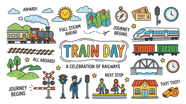Train Day Celebration, Railway Journey, Transportation Doodle Art