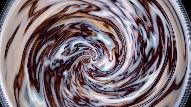 Swirling mixture of cream and chocolate in a circular motion creates a mesmerizing pattern in a clear glass bowl, showcasing the blending of colors and textures