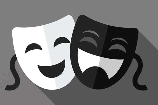 White smiling mask and black frowning mask side by side, symbol of comedy and tragedy, vector illustration.