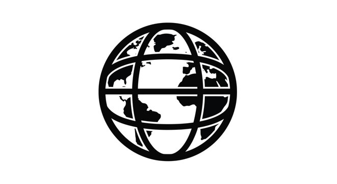 A black globe with continents and gridlines a striking silhouette