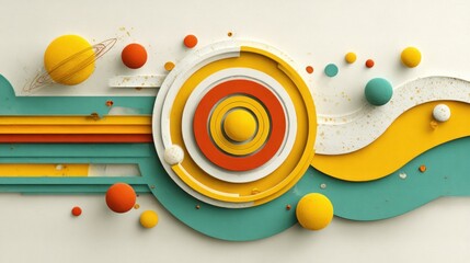 Obraz premium Abstract layered composition features concentric circles and spherical elements in vibrant tones