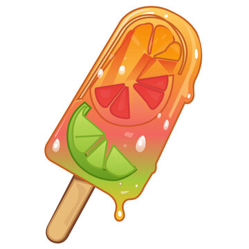 Refreshing Citrus Fruit Juice Popsicle with Frozen Slices Vector on Transparent Background. A vibrant and modern vector illustration of a refreshing fruit juice popsicle
