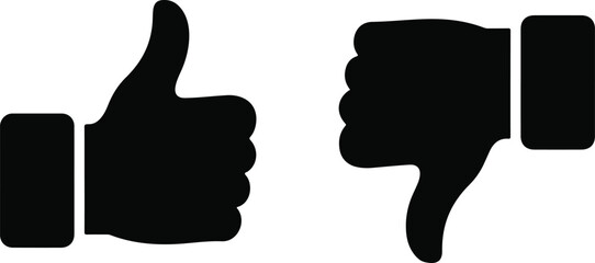 Minimalist black and white icon set of hands showing thumbs up and thumbs down gestures in simple flat vector style © Quadra