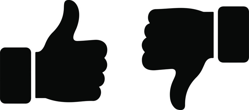 Minimalist black and white icon set of hands showing thumbs up and thumbs down gestures in simple flat vector style