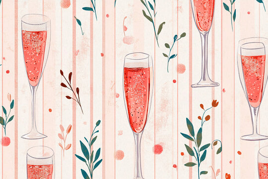 attern with champagne and sparkling wine glasses hand drawn elegant beverage illustration with floral accents on soft striped background perfect for celebration packaging wedding decor party 