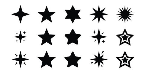 Obraz premium Minimalist star icon set, black sparkle and twinkle vector elements, 15 geometric star shapes for UI design and branding, celestial decorative symbols