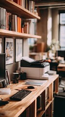 Fototapeta premium Modern workplace and printer on a shelf in the office. Out of focus