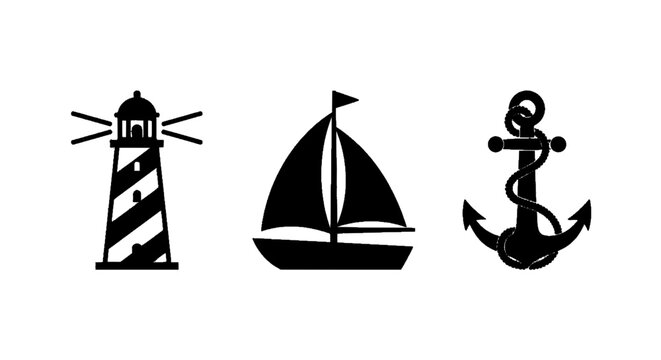 Vector illustration of set of nautical icons including lighthouse, sailboat and ship anchor on a transparent background